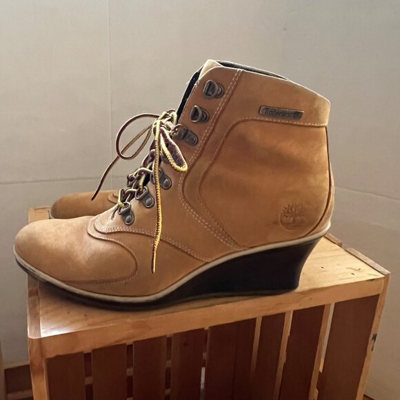 Timberland Size 8.5 M Tan Leather Lace-Up Wedge Heel Ankle Bootie Boots Shoes - Picture 15 of 16